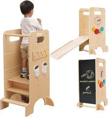 Olvy Kids - 4-in-1 Leertoren - Keukenhulp - Learning Tower - Montessori Leertoren - Kindertrap - Keukentoren - Met Glijbaan •
