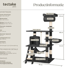tectake® - Krabpaal voor Katten met kattenhangmat - Inclusief hangmat, grot, trap, buis en speelkoord - Grote krabpaal met sisal en pluche - Krabmeubel - Hoogte 141cm - Zwart •