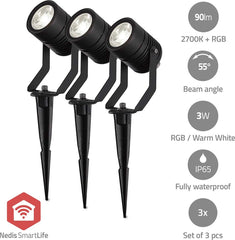 Nedis SmartLife Grondspot – Prikspot – Zigbee 3.0 – RGB & Warm Wit – Buitenverlichting – Waterdicht – Aluminium – 3 Stuks