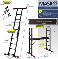 MASKO® Kamersteiger Aluminium - Multifunctionele Ladder - Zwart