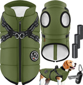 LOVPET® Hondenjas Hondenvacht met Harnas Waterafstotend, incl. 45 Stuks Poepzak + Dispenser, Winter Vest Hond Waterdicht Gevoerd, Gewatteerd Vest Met Borstband, Reflectoren, D-Ring - Khaki / XXL