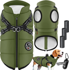 LOVPET® Hondenjas Hondenvacht met Harnas Waterafstotend, incl. 45 Stuks Poepzak + Dispenser, Winter Vest Hond Waterdicht Gevoerd, Gewatteerd Vest Met Borstband, Reflectoren, D-Ring - Khaki / L