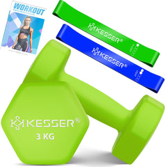 KESSER® Dumbells Set 2 Paren | Gewichten Set | verstelbare Dumbell Geschikt voor Krachttraining | Halterset met oefeningenboekje, 2x fitnessbanden, 2 x 3 kg - Lichtgroen