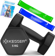 KESSER® Dumbells Set 2 Paren | Gewichten Set | verstelbare Dumbell Geschikt voor Krachttraining | Halterset met oefeningenboekje, 2x fitnessbanden, 2 x 5 kg - Zwart