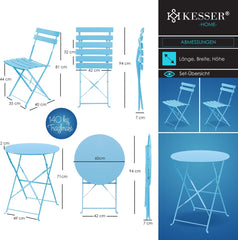 KESSER® Bistroset 3-delige Tafel met 2 inklapbaar stoelen - Balkonset Bistrotafel Bistrostoel Vouwmeubels Tuinset Zitgroep Metalen Tuintafel - Lichtblauw