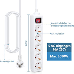 Stekkerdoos - Verlengsnoer - Verlengkabel - 5M - Wit - Aigostar •