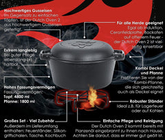 KESSER® Dutch Oven Gietijzeren Pan 1,8L en Pot 4,8L - Zwart •