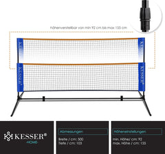 KESSER® badmintonnet, tennisnet - 500 cm - Badmintonnet 3-voudig in hoogte verstelbaar, set bestaande uit net, 3x shuttles, stevig ijzeren frame, transporttas, binnen & buiten