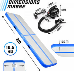 Opblaasbare PVC gym mat, 3 x 1 meter, met elektrische luchtpomp, gymnastiekmat, trainingsmat, fitnessmat