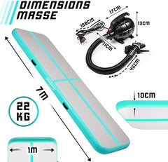 Opblaasbare PVC gym mat, Mintgroen, 5 x 1m, met elektrische luchtpomp, gymnastiekmat, trainingsmat, fitnessmat