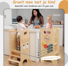 Olvy Kids - 4-in-1 Leertoren - Keukenhulp - Learning Tower - Montessori Leertoren - Kindertrap - Keukentoren - Met Glijbaan •