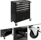 Arebos Werkplaatswagen 4 vakken + groot vak voor gereedschap krasbestendig oppervlak | incl. antislipmatten | kogelgelagerde laden interlock systeem | 2 wielen met parkeerrem | zwart