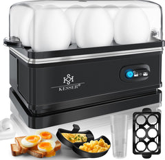 KESSER® Eierkoker electrisch voor 6 Eieren | Elektrische Eierkoker 400W van roestvrij staal met Timer en Maatbeker & 2x kom voor omelet BPA-vrij - Zwart