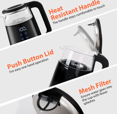 Waterkoker met temperatuurregeling - met LED - 1.7L - 2200W - Zwart •