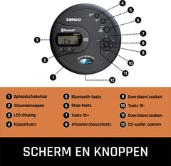 Lenco CD-300BK Discman - Draagbare Bluetooth CD en MP3 Speler - Anti-Shock Bescherming en oplaadbare Batterij - Zwart •