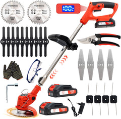 OUTIGO Accu grastrimmer met accu, verstelbare telescopische geleidehandgreep, gazonkantentrimmer met 2 accu's 21V en 4 mestypen + 1 tuinschaar