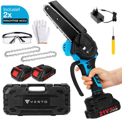 Vesto® Mini kettingzaag – Draadloos Inclusief 2 Led-Accu's – Heggenschaar Accu - Elektrisch Handkettingzaag - Snoeizaag - Takkenzaag - Handzaag - Boomzaag •