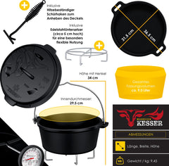 KESSER® Dutch Oven Set - 9L - Vuurpan - Stoofpan - Gietijzeren pan