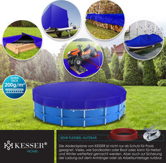 KESSER® Zwembadafdekking - Solar folie - Afdekzeil - Zwembadzeil gemaakt van 200g/m² PE-materiaal Incl. staalkabel + kabelspanner met oogjes Zonneafdekking UV-bestendig zomer & winter - Rond, 366 cm, Blauw / Zwart