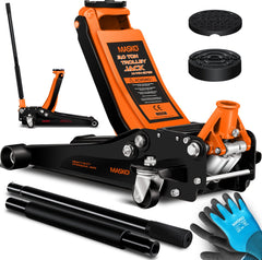 MASKO® krik hydraulische vlakke hefhoogte garagekrik + 2x rubber pads + handschoenen autokrik rangeerkrik hydraulische 360° rollen auto krik onder standaard - 3 Ton - Oranje