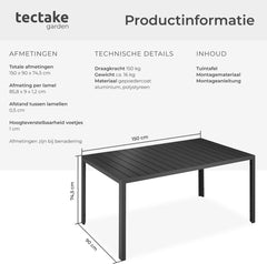 tectake® - Tuintafel 150 x 90 x 74,5 cm - Weerbestendig, eenvoudige montage - Verstelbaar - Aluminium frame met kunststof tafelblad - zwart