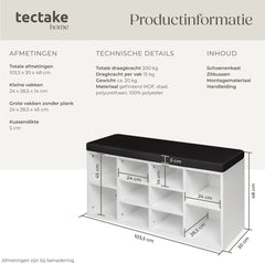 Schoenenbank - Met zitkussen - Schoenenrek - Schoenenkast - 103,5x48x30 cm - Zwart / Wit - Tectake®