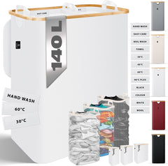 KESSER® Wasmand met Deksel - Opvouwbare Wasbox - Wassorteerder met Uitneembare 3x Waszakken inclusief wasinstructies - Wit, 140 liter