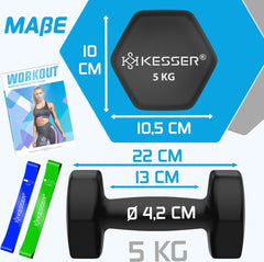 KESSER® Dumbells Set 2 Paren | Gewichten Set | verstelbare Dumbell Geschikt voor Krachttraining | Halterset met oefeningenboekje, 2x fitnessbanden, 2 x 5 kg - Zwart
