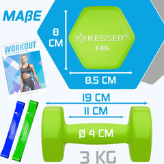 KESSER® Dumbells Set 2 Paren | Gewichten Set | verstelbare Dumbell Geschikt voor Krachttraining | Halterset met oefeningenboekje, 2x fitnessbanden, 2 x 3 kg - Lichtgroen