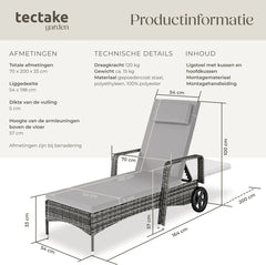 Ligbed - Ligstoel - Zonnebed - Verstelbaar - Grijs - Tectake®