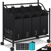 KESSER® Wasmand op Wieltjes - 4 Vakken - Wassorteerder - Zwart •