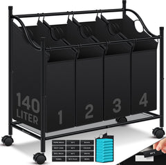 KESSER® Wasmand op Wieltjes - 4 Vakken - Wassorteerder - Zwart •