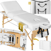tectake® 3-zone massagetafel - Draagvermogen 250 kg - Mobiele massagebank - Houten frame - Behandeltafel - Inclusief draagtas, hoofdsteun en armleuning - Dikte matras 7,5 cm - In hoogte verstelbaar - Afmeting (LxBxH) 218x102x65 - 90 cm - Wit