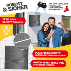 KESSER® Brievenbus met Krantenvak Wandmontage Roestvrij Staal - Wandbrievenbus inclusief Montagemateriaal 2x Sleutels, Afsluitbaar, Softclose-deksel - Antraciet