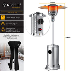 KESSER® Gas Terrasverwarmer 14kW Gaskachel - mobiele Kachel Verwarming met Gas Heater Terras Verwarmer inclusief beschermhoes butaan- of propaan Gasflessen tot 11 kg - Zilver (Roestvrij Staal) •