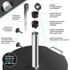 KESSER® Parasolvoet op wielen Graniet 30 kg - Parasol voet tot Ø38mm - Ø48mm verrijdbaar Rond Ø45cm - Antraciet