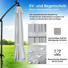 KESSER® Zweefparasol met voet - LED - Ø2.5m - 360° Draaibaar - Lichtgrijs