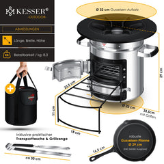 KESSER® Raket Stove / Camping Kachel / Wood Stove Incl. Gietijzeren Grillpan met Draagtas, Dutch Oven BBQ Raket Houtfornuis Camping Grill, Roestvrij Staal - Zilver