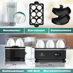 KESSER® Eierkoker electrisch voor 6 Eieren | Elektrische Eierkoker 400W van roestvrij staal met Timer en Maatbeker & 2x kom voor omelet BPA-vrij - Zwart