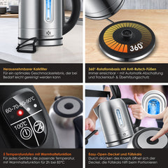 Waterkoker met temperatuurregeling - RVS - 1.7L - 2200W - Zilver