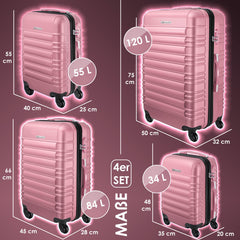KESSER® 4x Koffer, reiskofferset, trolley koffer, incl. bagageweegschaal + bagagelabel rollend kofferslot, 4 wielen ABS, harde schaal telescoopgreep S-M-L-XL - Roze