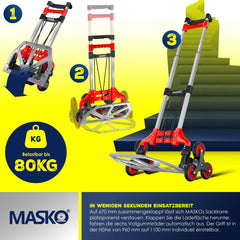 MASKO® Steekwagen opvouwbaar 80 kg Laadvermogen Trapsteekwagen 3x3 incl. Wielen + 2x Uitzettouwen + Handschoenen - In Hoogte Verstelbare Handgreep - Aluminium Transportkar