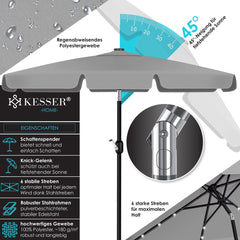 KESSER® Parasol LED Solar Stokparasol met Zwengel Incl. 2in1 Beschermhoes Transporttas, Tuinparasol, Parasol voor Balkon Tuin & Terras Verstelbaar Buigbaar Balkonparasol - Hoekig, Lichtgrijs