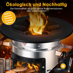 KESSER® Raket Stove / Camping Kachel / Wood Stove Incl. Gietijzeren Grillpan met Draagtas, Dutch Oven BBQ Raket Houtfornuis Camping Grill, Roestvrij Staal - Zilver