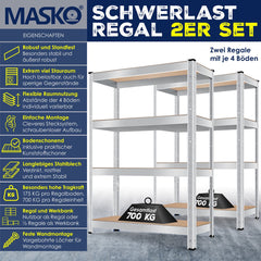 MASKO® Opbergrek - Stellingkasten - Set van 2 - Tot 1400kg - Zilver •