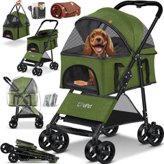 LOVPET® Hondenbuggy 2in1 Huisdieren Wandelwagen Buggy met Transporttas Opvouwbaar tot 20 kg Hondenwandelwagen met Gaasramen & Regenhoes Jogger Kattenbuggy voor Kleine Honden Katten Hondenbox - Khaki