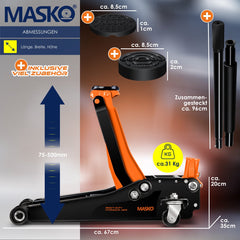 MASKO® krik hydraulische vlakke hefhoogte garagekrik + 2x rubber pads + handschoenen autokrik rangeerkrik hydraulische 360° rollen auto krik onder standaard - 3 Ton - Oranje