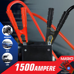 MASKO® Startkabels Auto 4 Meter 1500A voor benzine, diesel en hybride Motoren | Starthulp Jumpstarter Geschikt voor Auto, Vrachtwagen, Bus en Boot| inclusief handschoenen en opbergtas - Zwart / Rood
