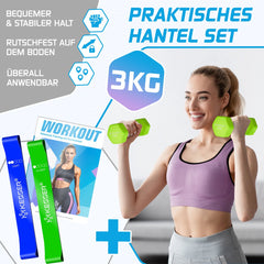 KESSER® Dumbells Set 2 Paren | Gewichten Set | verstelbare Dumbell Geschikt voor Krachttraining | Halterset met oefeningenboekje, 2x fitnessbanden, 2 x 3 kg - Lichtgroen