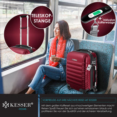 KESSER® 4x Koffer, reiskofferset, trolley koffer, incl. bagageweegschaal + bagagelabel rollend kofferslot, 4 wielen ABS, harde schaal telescoopgreep S-M-L-XL - Bordeaux